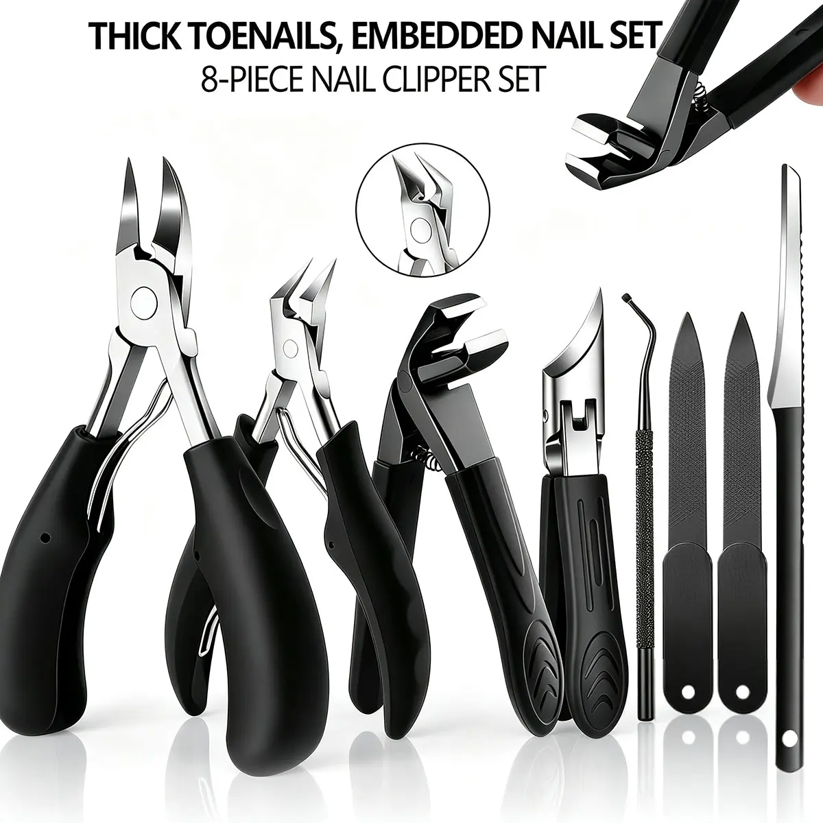 8PCS Professional Stainless Steel Pedicure Kit - Heavy Duty Toenail Clippers for Thick & Ingrown Nails with Angled Blade, Cuticle Tools, Nail File