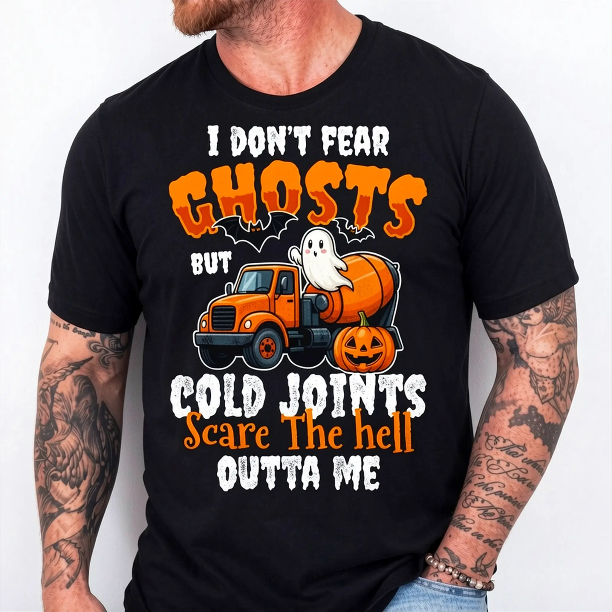 Casual Graphic T-Shirt for Men, Funny Halloween Concrete Worker Tee, 100% Cotton Short Sleeve Round Neck