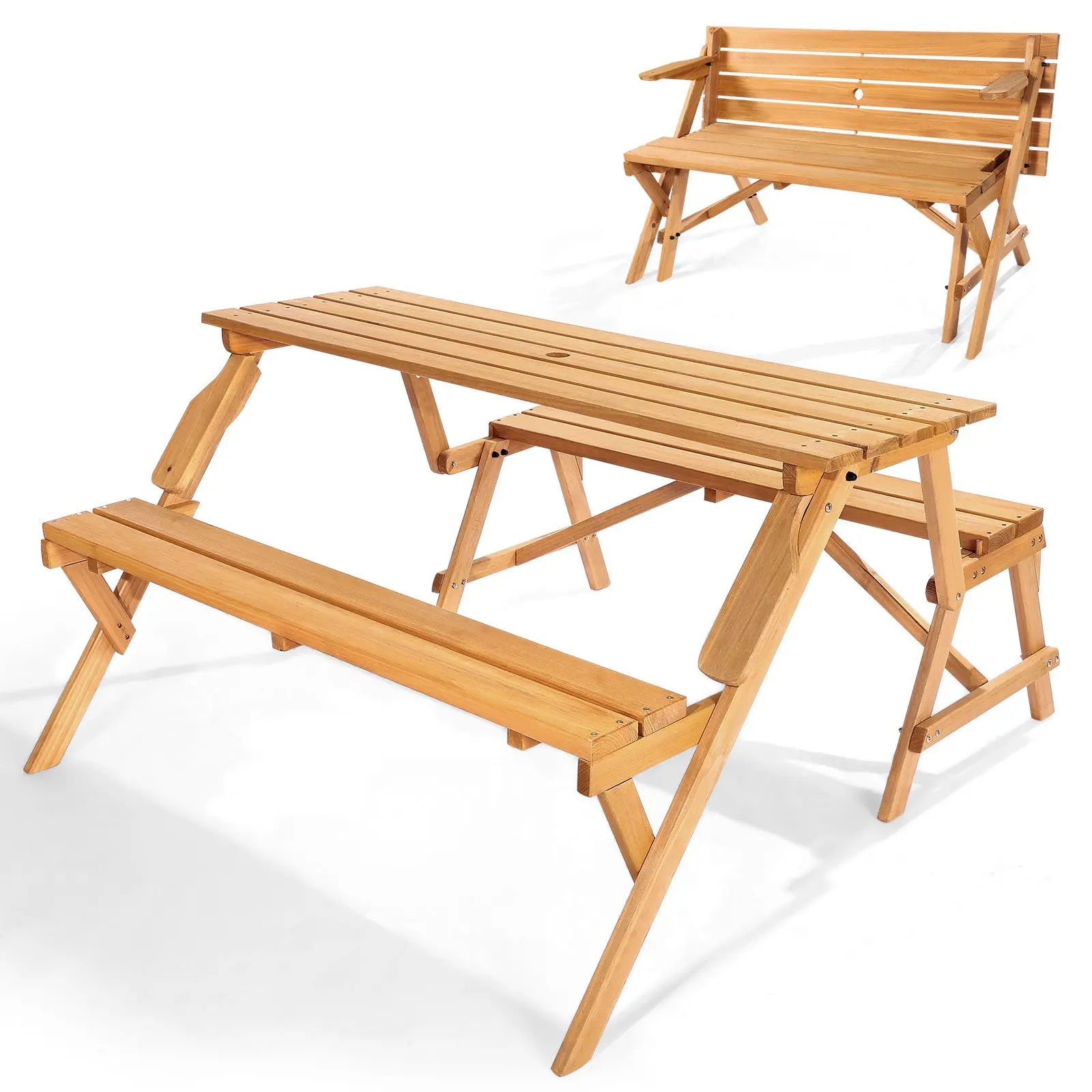 VEVOR 2-in-1 Transforming Interchangeable Picnic Table, Ergonomic Outdoor Wooden Table & Bench Set, Portable Foldable Bench with Umbrella Hole, Spacious Tabletop Simple & Practical Patio Dining Furniture for Garden, Backyard, 2-In-1 Picnic Table