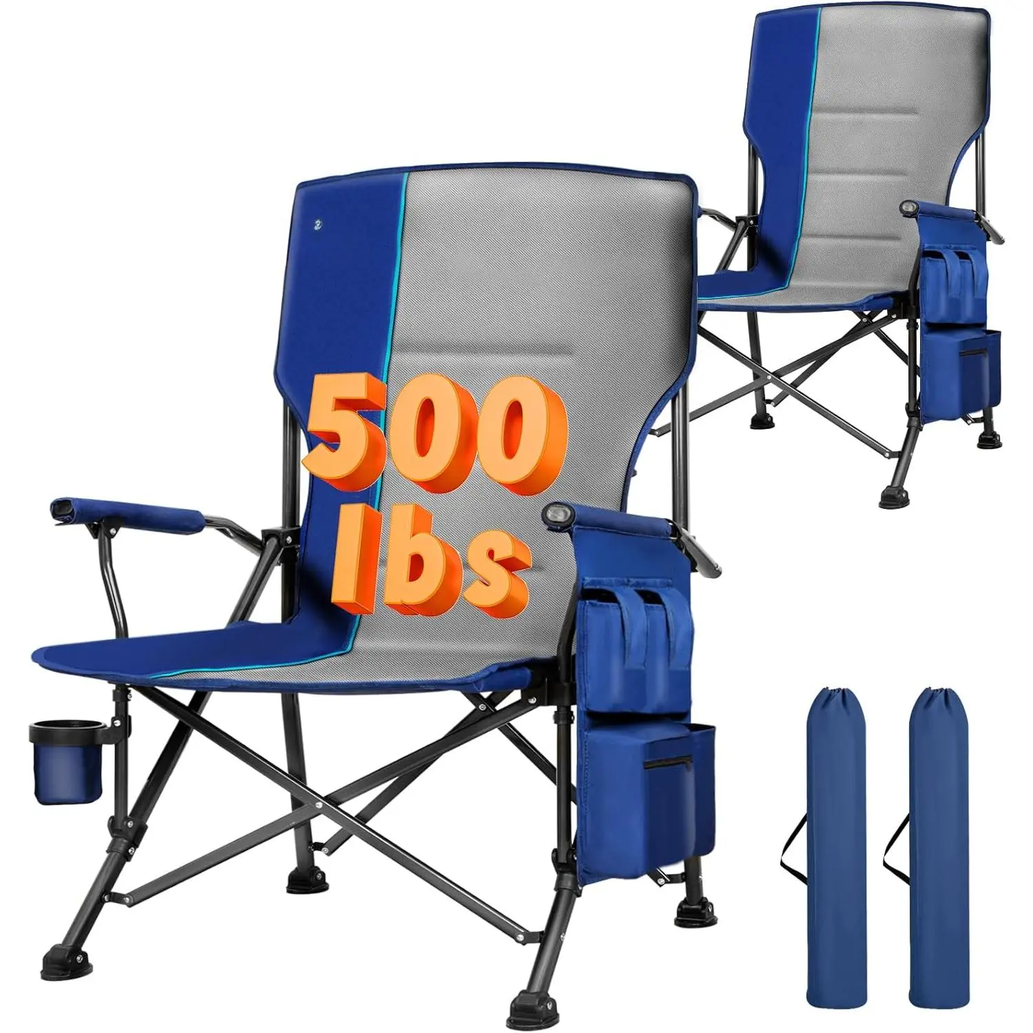 Oversized Camping Chairs 2 Pack, 500 LBS Heavy Duty Folding Lawn Chairs with Hard Armrests, Wide Seat Outdoor Chairs with Cup Holder & Side Pocket for Camping Beach Sports Backyard
