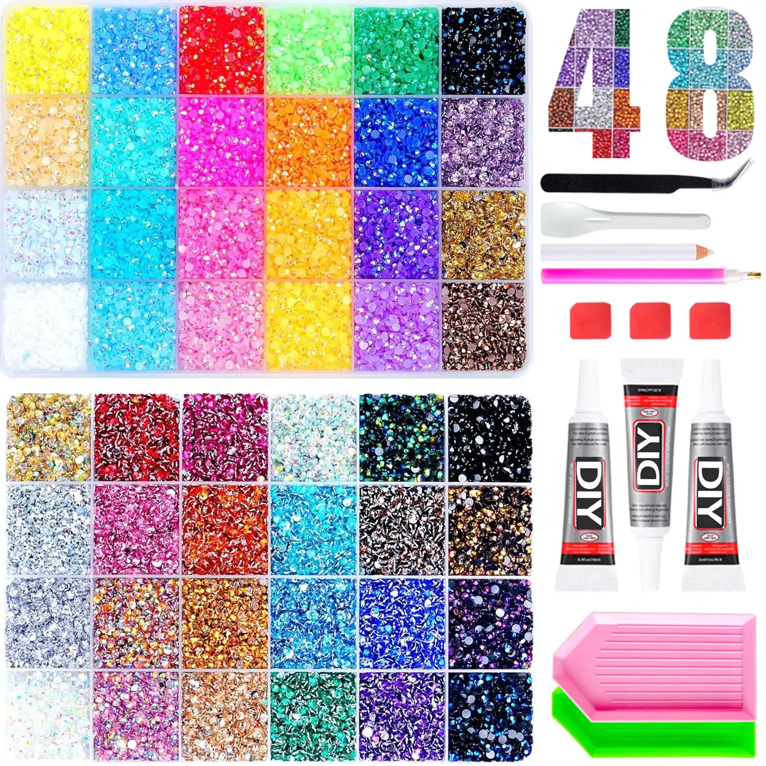 48-Grid 48000+ Mixed Color Ab Flat Back Rhinestones Set, DIY Tools Kit with Glue, Tweezers, Tray, Drill Pen, for Crafts, Fashion, Nail Art，48 Colors Rhinestone Complete Set with Glue & Tools, Flatback Gems for Manicure & Handmade Crafts