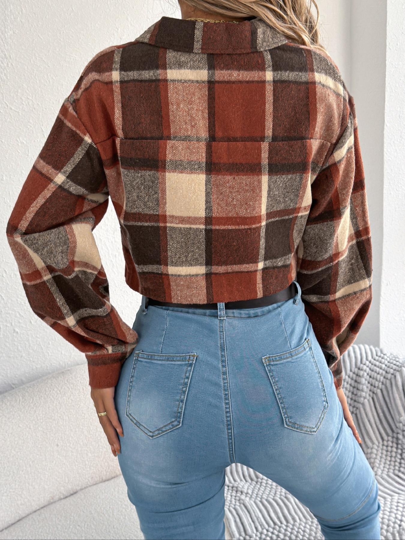 Women's Plaid Print Button Front Drop Shoulder Crop Jacket Coats, Casual Style Long Sleeve Pocket Collared Outerwear for Fall & Winter, Ladies Clothes for Daily Wear