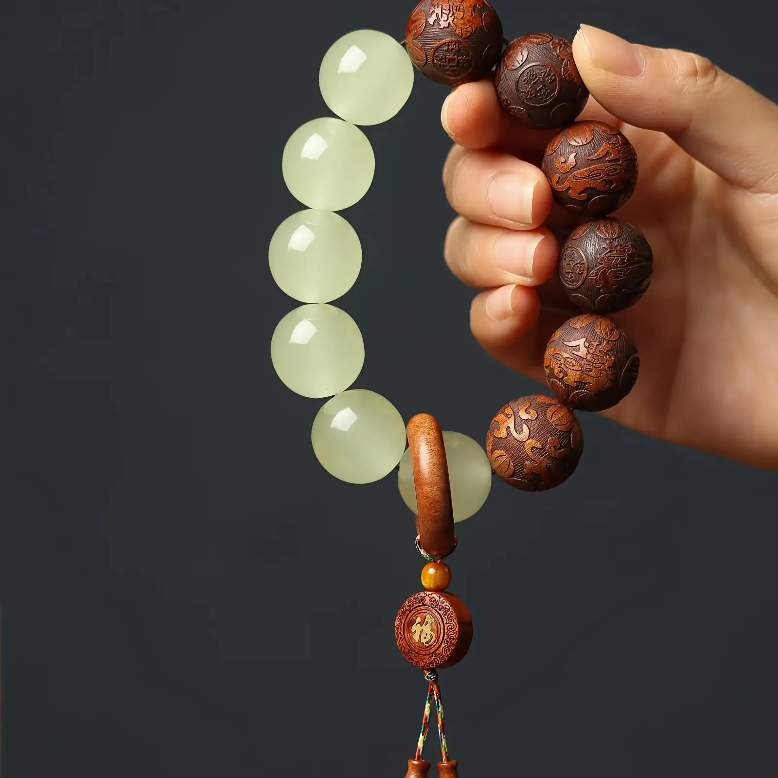 Sandalwood Pear Wood Carved Luminous Beads String with Fortune Words - Retro Style Handcrafted Prayer Beads for Men, Spiritual Gifts & Meditation Accessories, Jewelry