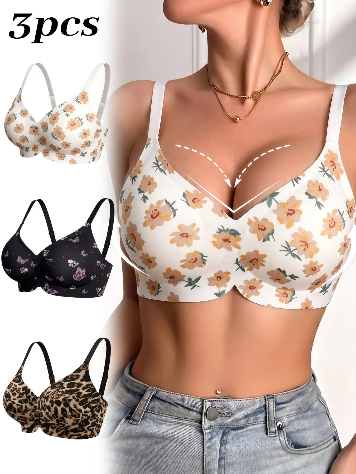 Top Rated 3 Pack Multi-functional Printed Bra, Seamless Push Up Comfort Bra, Convertible to Bandeau, Removable Straps & Pads, 4 Rows Adjustable Hook & Eye