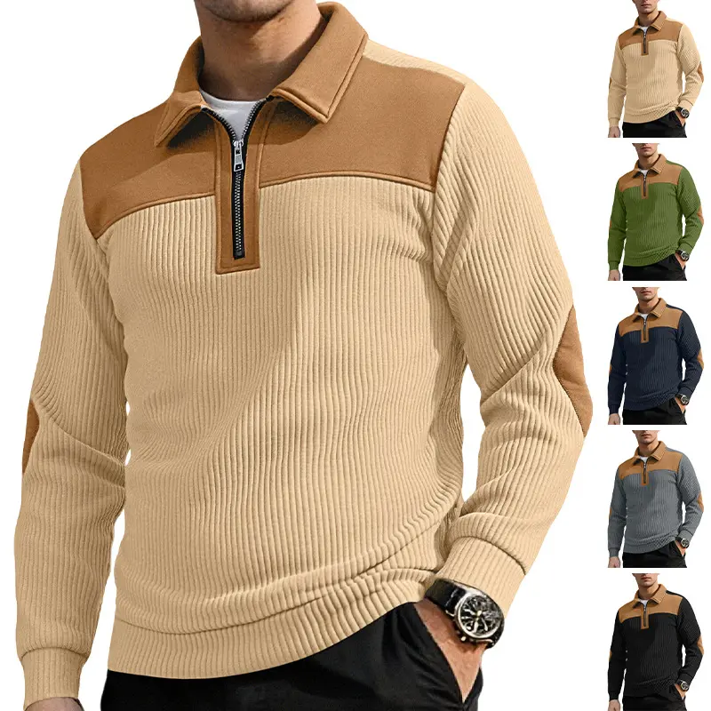 Men's Color Block Quarter-Zip Polo Sweatshirt, Vertical Striped Fabric Elbow Patch Lapel Long Sleeve Top for Business Casual Daily Commute