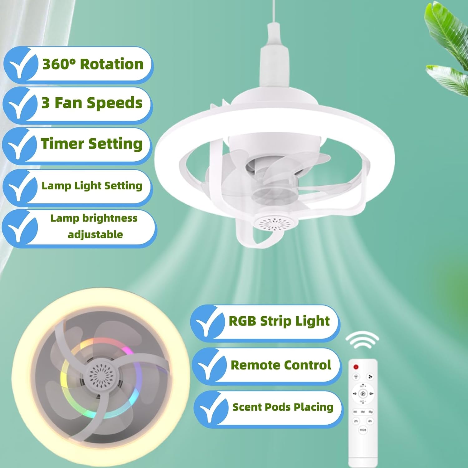 11 Inch E26/E27 Socket Fan With Light - Dimmable Remote Ceiling Fan With 360 Rotation, RGB Mode, 3 Speeds for Bedroom, Living Room, Dining Room