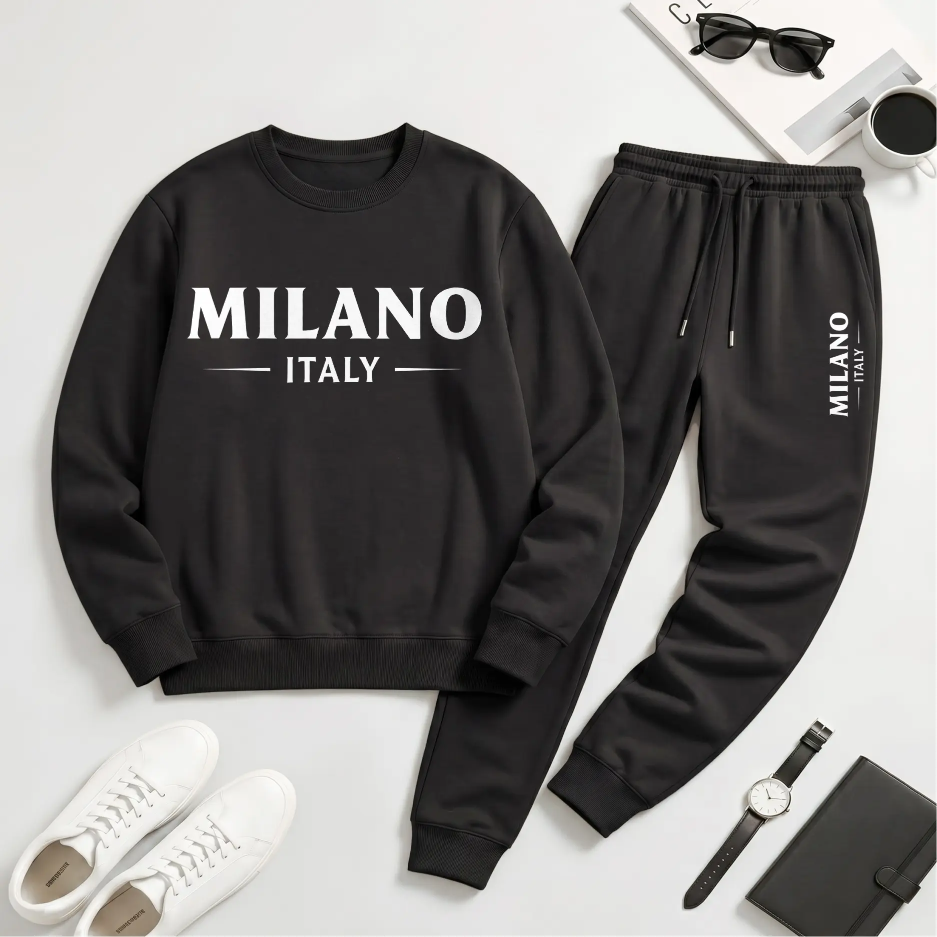 Men's Milano Letter Graphic Crewneck Sweatshirt and Jogger Pants Set, Casual Long Sleeve Pullover with Drawstring Sweatpants, Comfortable Fall Winter Tracksuit for Daily Wear, Travel, Lounge and Outdoor Activities