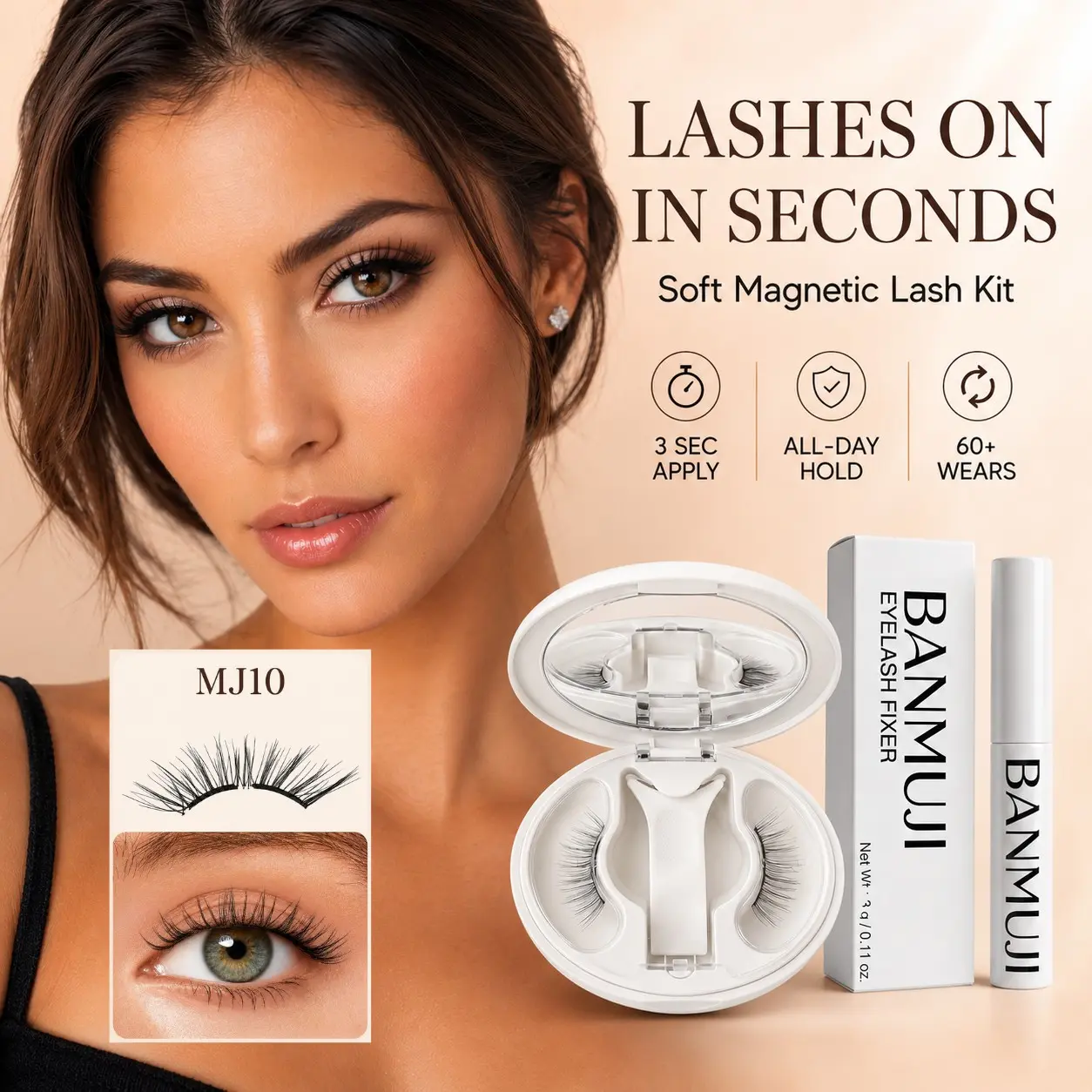 Magnetic False Eyelashes Set with Application Tool, Natural Comic Style, No Glue, Reusable Soft Magnetic Lashes, Easy for Beginners (mj10)