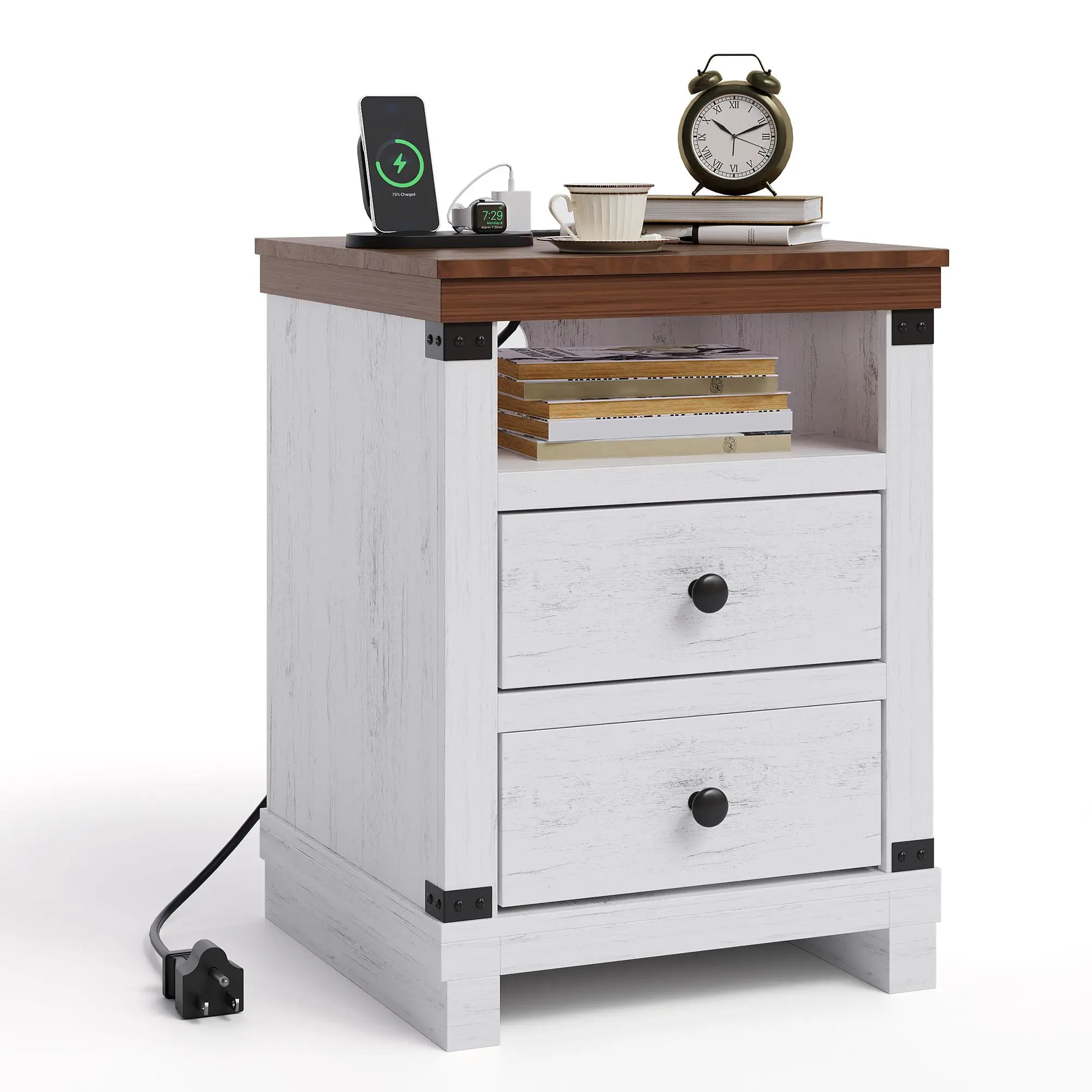 Modern Farmhouse Nightstand with Charging Station Wooden Bedside Table with 2 Drawers and Open Shelf Smart End Table Storage Cabinet with USB Ports AC Outlets for Bedroom Living Room Home Office Furniture White