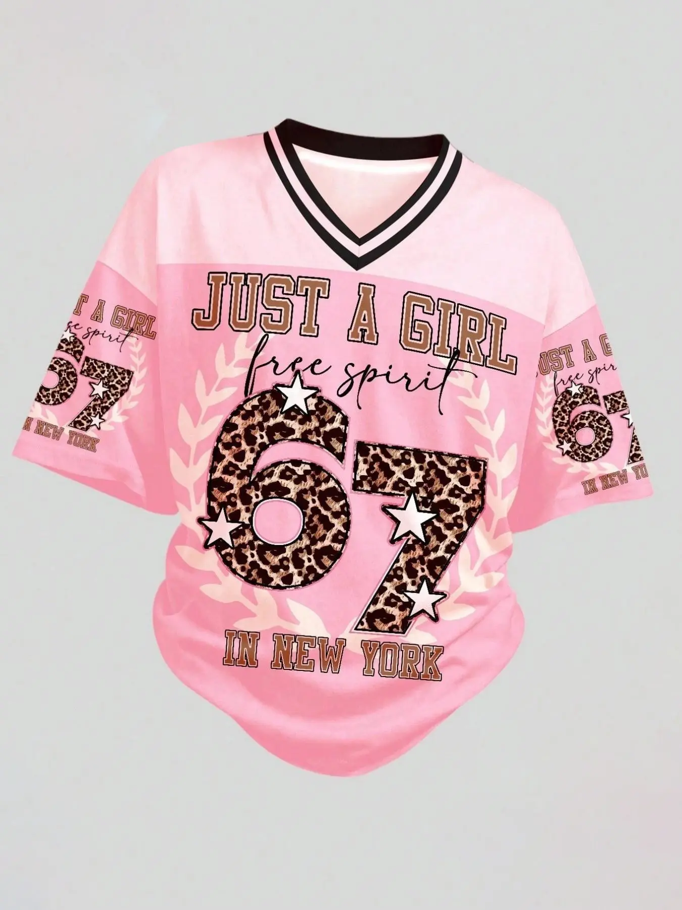 American Vintage New York 67 Leopard Print Jersey Top, /mint, Loose-Fit V-Neck, Y2K Style, Unlined, No Button, No Zipper, Fashion, Casual Stylish Tee