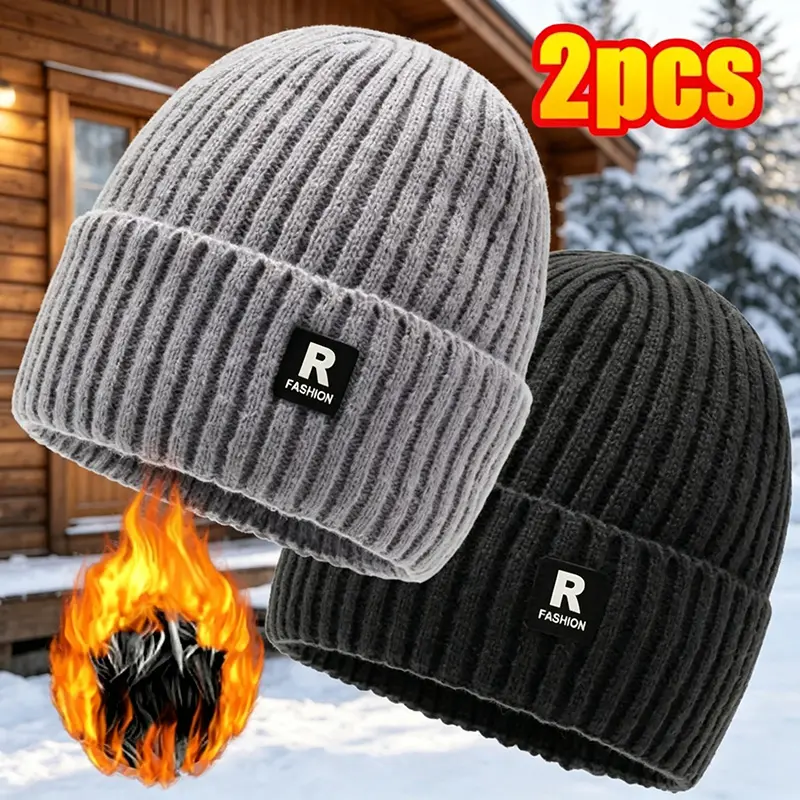 2‑Pack Men Winter Fleece Lined Knit Beanie Hat, Thick Cuffed Skull Cap for Large Head, Warm Thermal Hat for Cycling Skiing Outdoor Daily Wear
