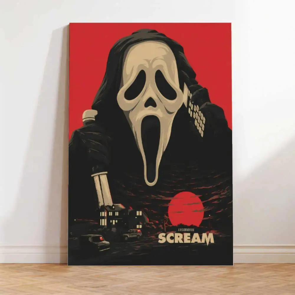 Retro Screaming Mask Horror Poster, Red and Black Slasher-Style Wall Art Print, Spooky Movie-Inspired Decor for Bedroom, Gaming Room, Home Theater and Halloween Display Artistic Ornaments Photo