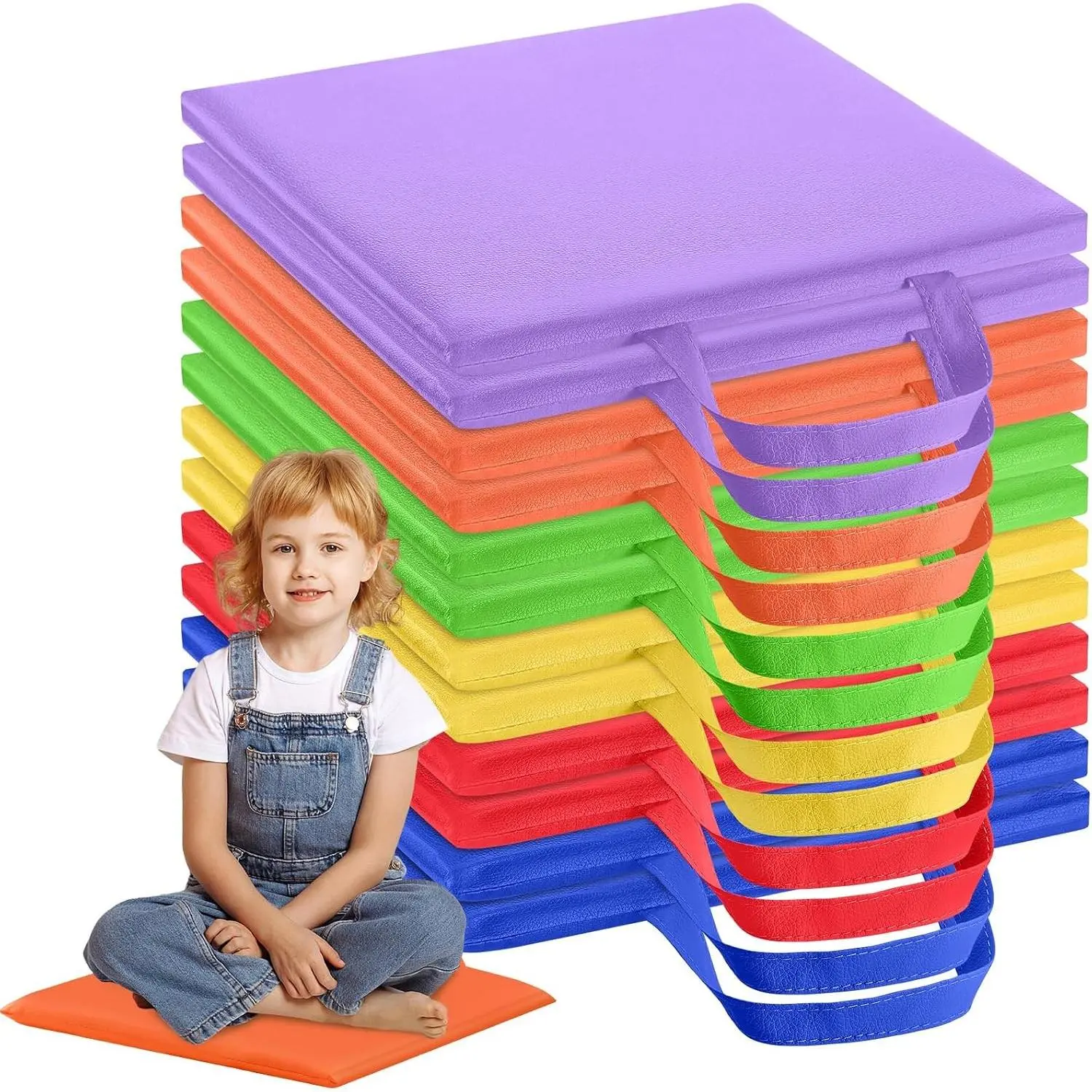12 Pcs 12'' Square Floor Cushions Flexible Floor Seating for Kids Classroom Elementary with Handles Carpet Cushions for Adults Toddlers Daycare Preschool School(Bright Color)