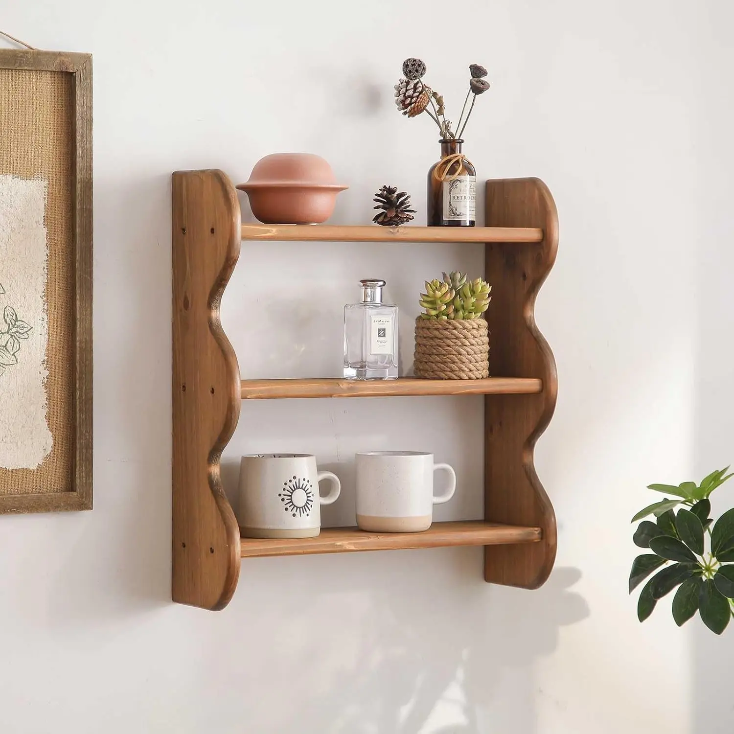 3-Tier 100% Solid Wood Rustic Floating Wall Shelves, Farmhouse Wall Mounted Storage Display Rack Hanging Decor for Apartment, Living Room and Bedroom