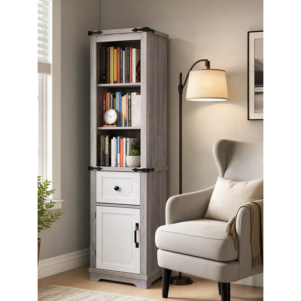 AobtkelNarrow cabinet,Bathroom Storage Cabinet, Farmhouse Storage Cabinet with Adjustable Shelves & Storage Drawer, Tall Linen Tower for Bathroom, Living Room, Grey+white color