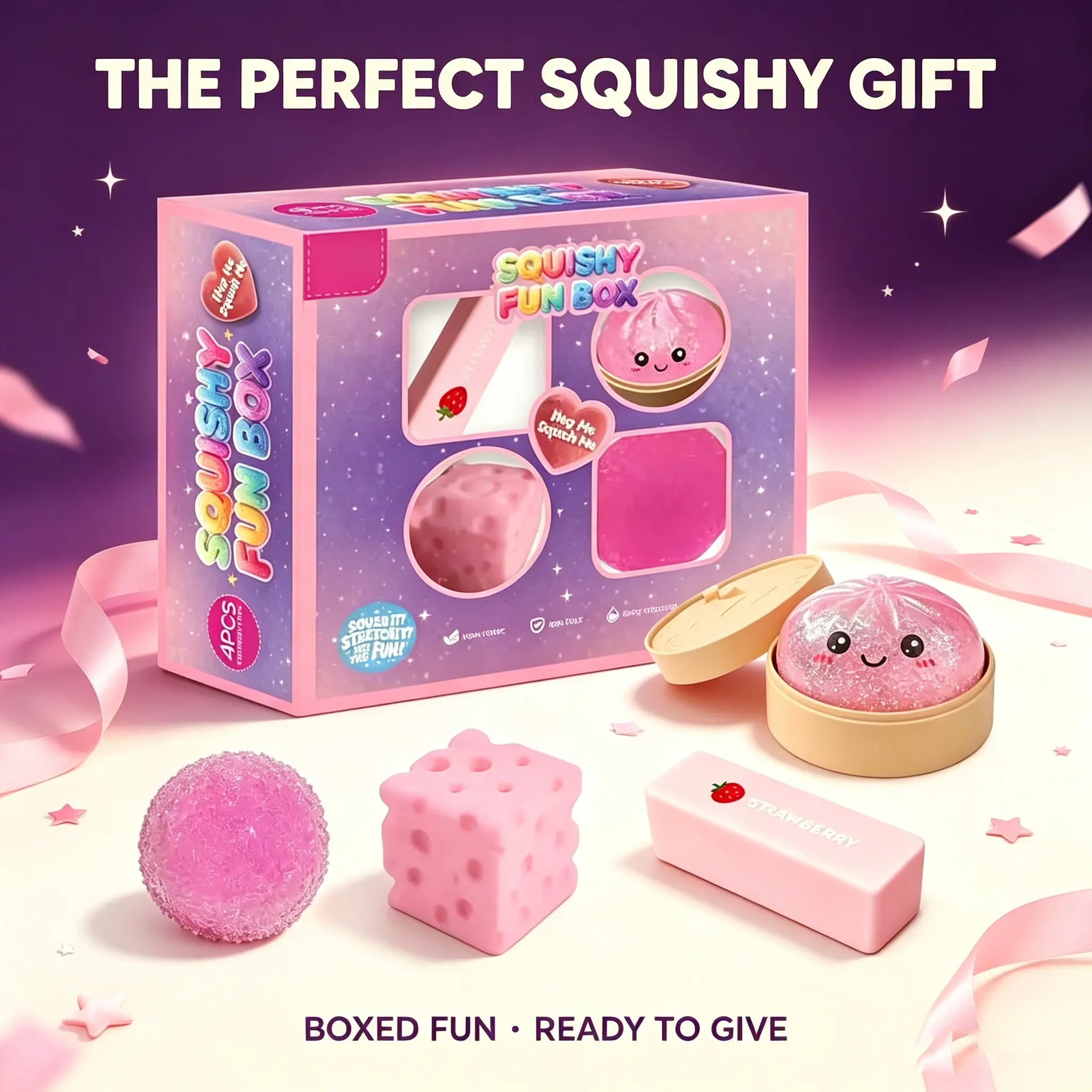 4pcs Boxed Super Satisfying Squishy Fidget Toy Set, Stress Relief Toy for Girls, Perfect Gift Idea, Fun and Relaxing