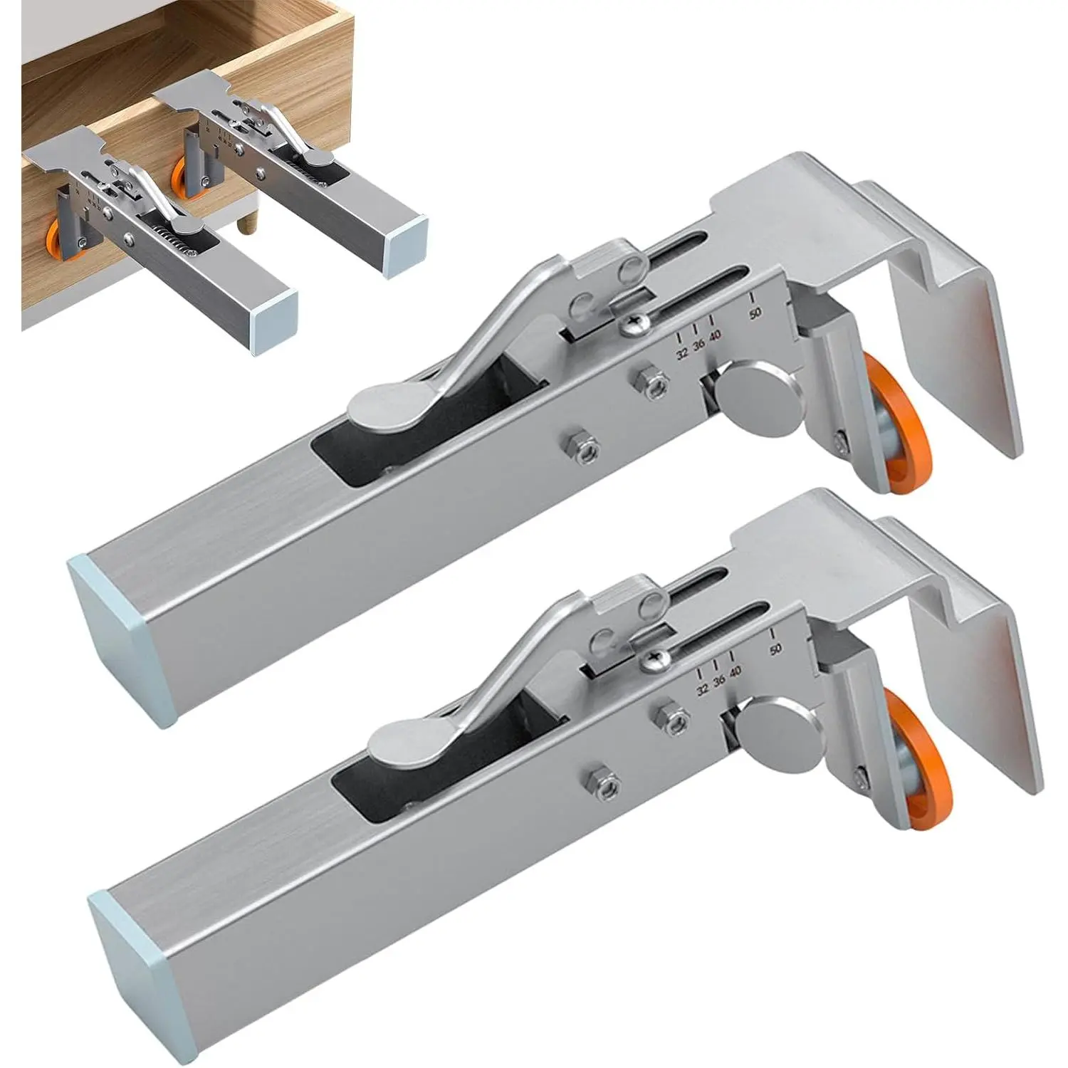 2-Pack Silver Push Button Adjustable Clamps, 2mm Stainless Steel Cabinet & Drawer Front Face Panel Quick Installation Fixing Tools
