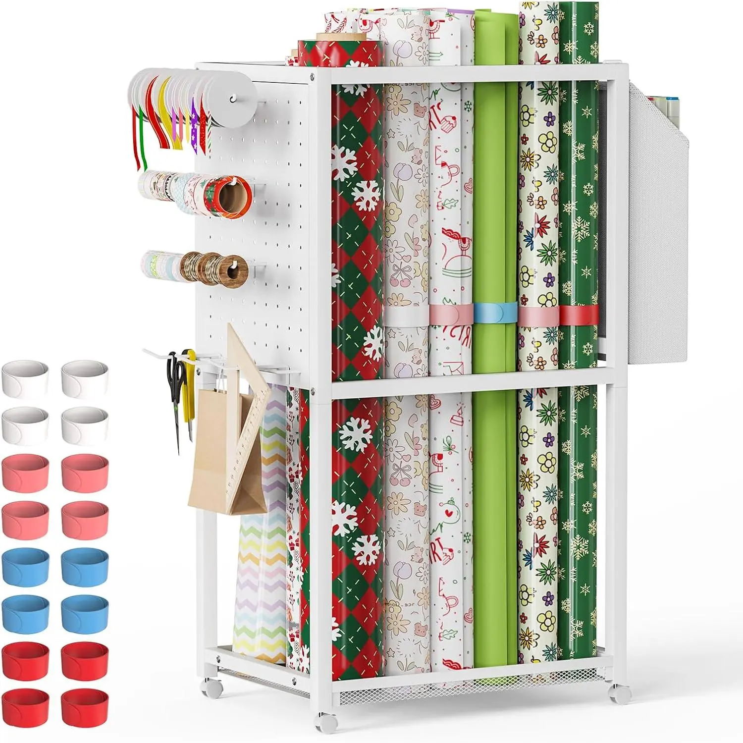 Wrapping Paper Organizer with Wheels, Metal Vertical Gift Wrap Storage Cart, Craft Organizer with 16 Slap Bands for Wrapping Paper Rolls, Wrapping Supplies Storage