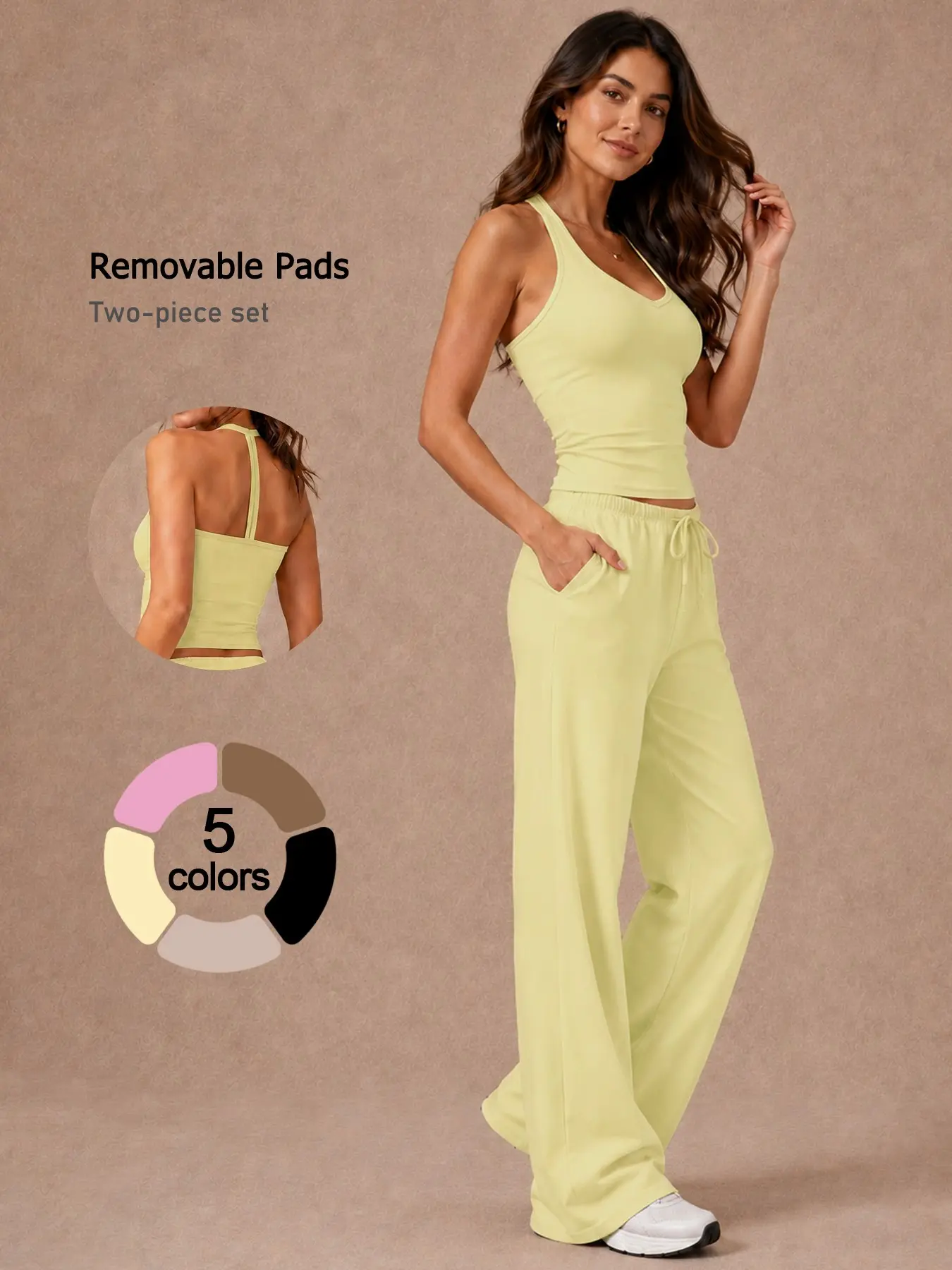Two-Piece Women's Tank Top & Long Pants Set, Casual Fitness Wear, High Stretch Activewear, Quick-Dry Breathable Fabric, Sporty Top with Removable Pads & Adjustable Drawstring Wide-Leg Pants for Gym & Yoga, Summer Outfit, Sportswear