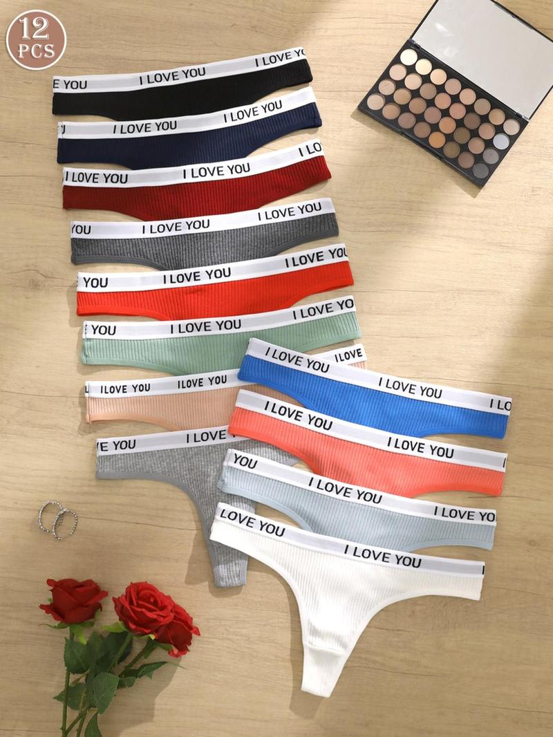 Women's Ribbed Letter Tape Thong, Soft Comfy Breathable Panty for Daily Wear, Underwear for All Seasons