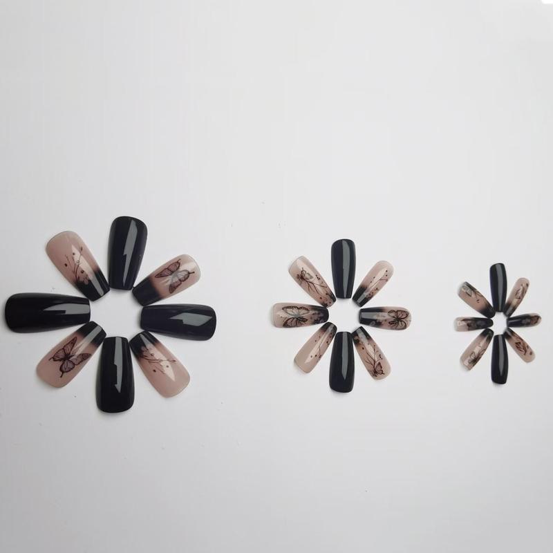 Butterfly & Flower Pattern Fake Nails, 24pcs Removable False Nails for Women Girls Nail Art Design, Effortless Press on Nails Manicure Set