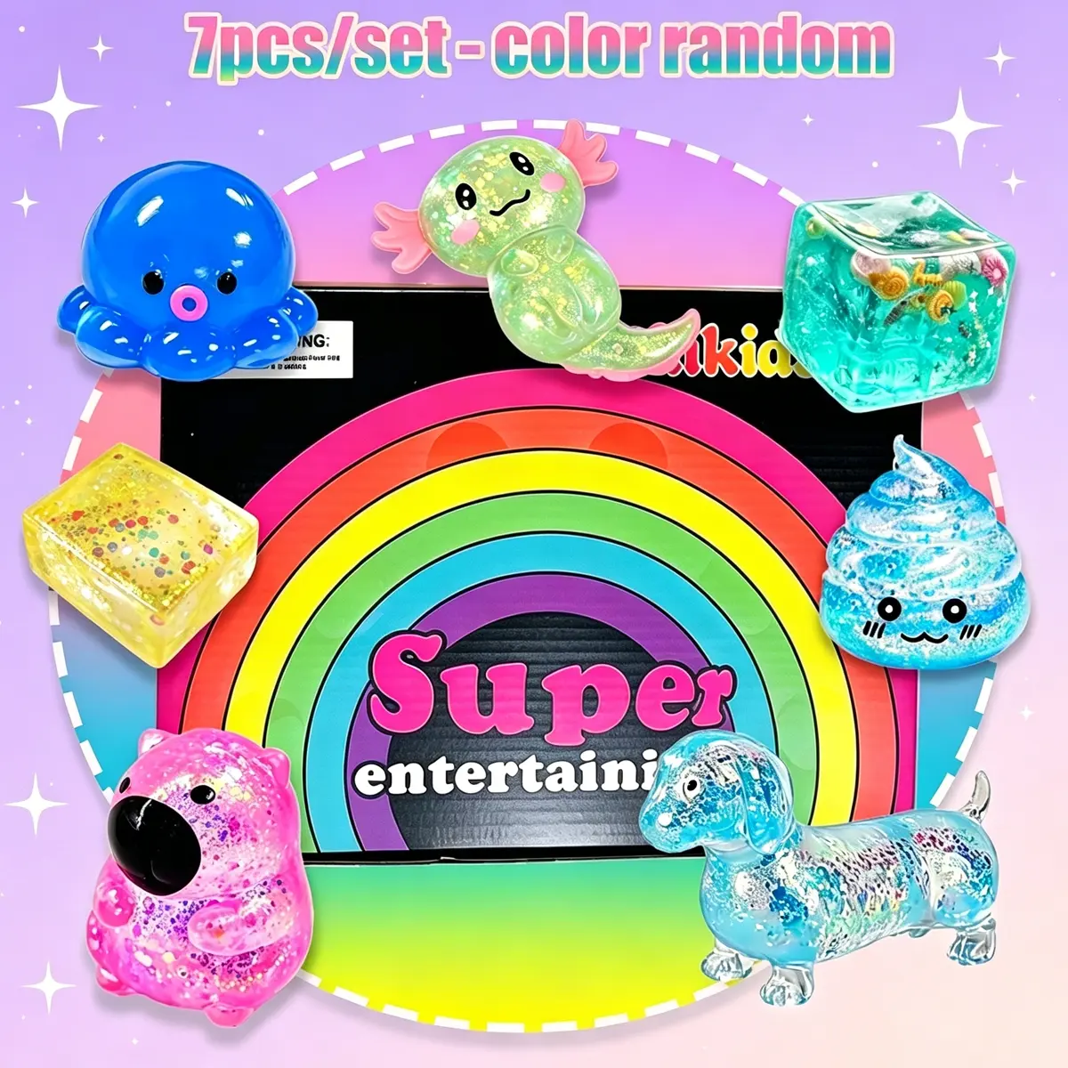 7pcs/set - Novelty simulation animal blocks and other multi style glitter series pinch music set, stress relieving creative Play release slow rebound pinch, home school entertainment party gifts