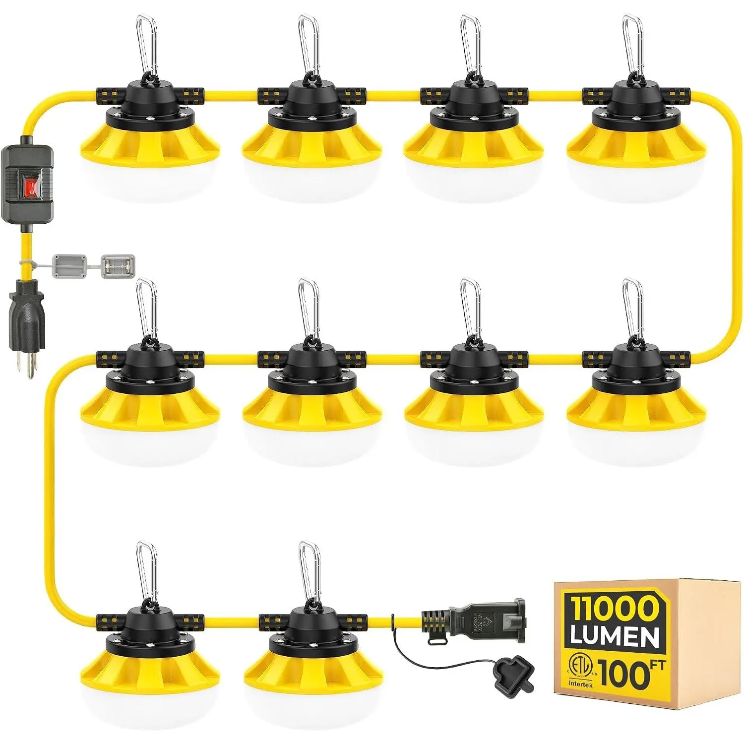 3Prong 100FT LED String Lights with Switch for Temporary Lighting ETL Listed, Built-In Switch, Linkable Up to 8 sets, 18/3 SJTW, IP65 Waterproof, Outdoor Work Jobsite Construction Lights