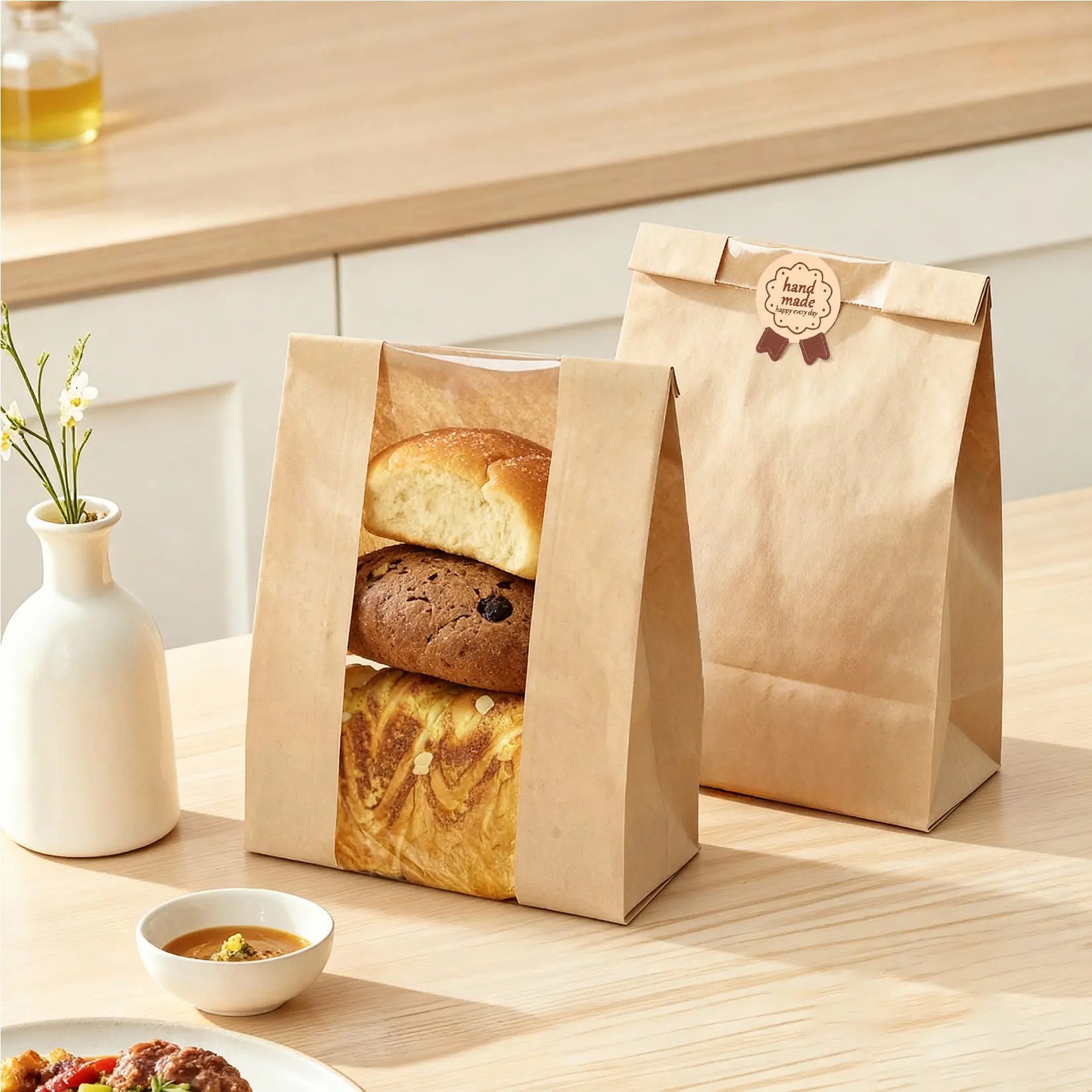 250 PCS Bread Bags for Homemade Bread for Homemade Bread 3.7x8.2x13.77 in Kraft Paper Bags with 250 Thank You Stickers Food Safe Grease Proof Bags for Bakery, Toast, Donuts, Gifts, Party Favor