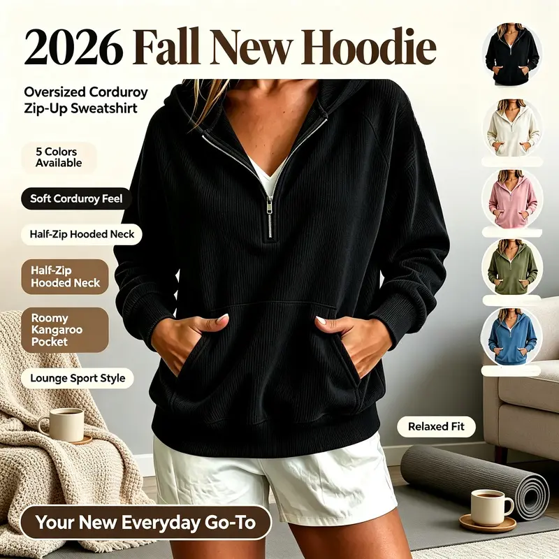 Women's Ribbed Half-Zip Hooded Sweatshirt - 2026 Fall Basic Longsleeves Oversized Pullover, Solid Color Loose Regular Tops with Front Pocket, Cold Wash for Daily Wear, Fit, Pullover Hoodie