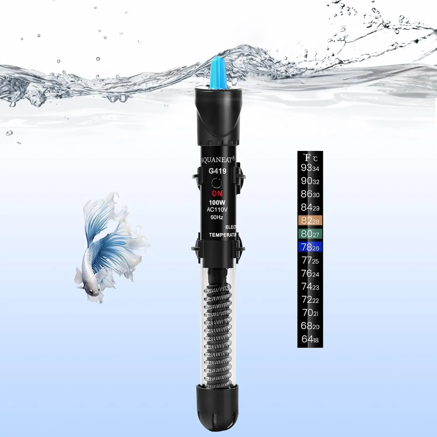Aquarium Heater, 100W Fish Tank Heater, Adjustable Submersible Water Thermostat with Thermometer
