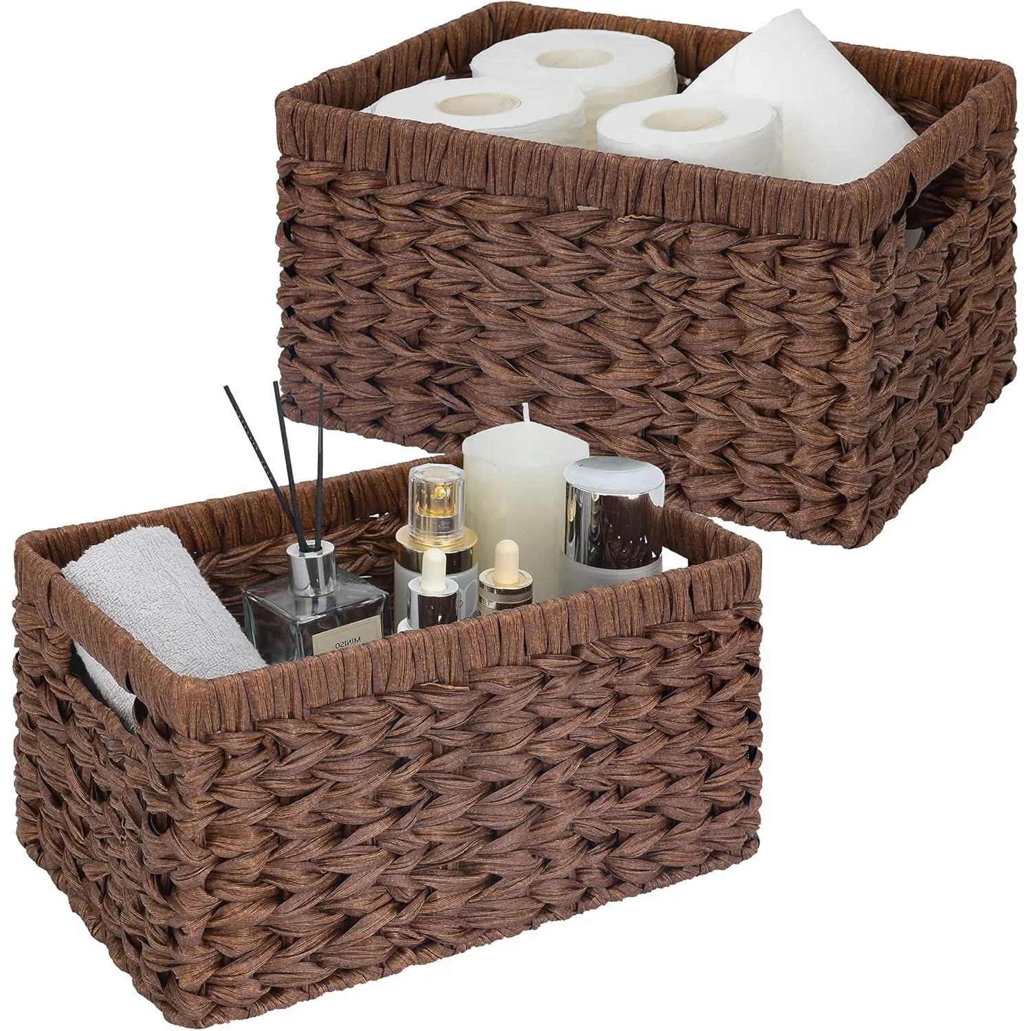 Wicker Storage Baskets for Shelves, Wicker Baskets for Organizing, Waterproof Woven Basket for Pantry, Rectangle Basket for Shelf, Brown, 2-Pack
