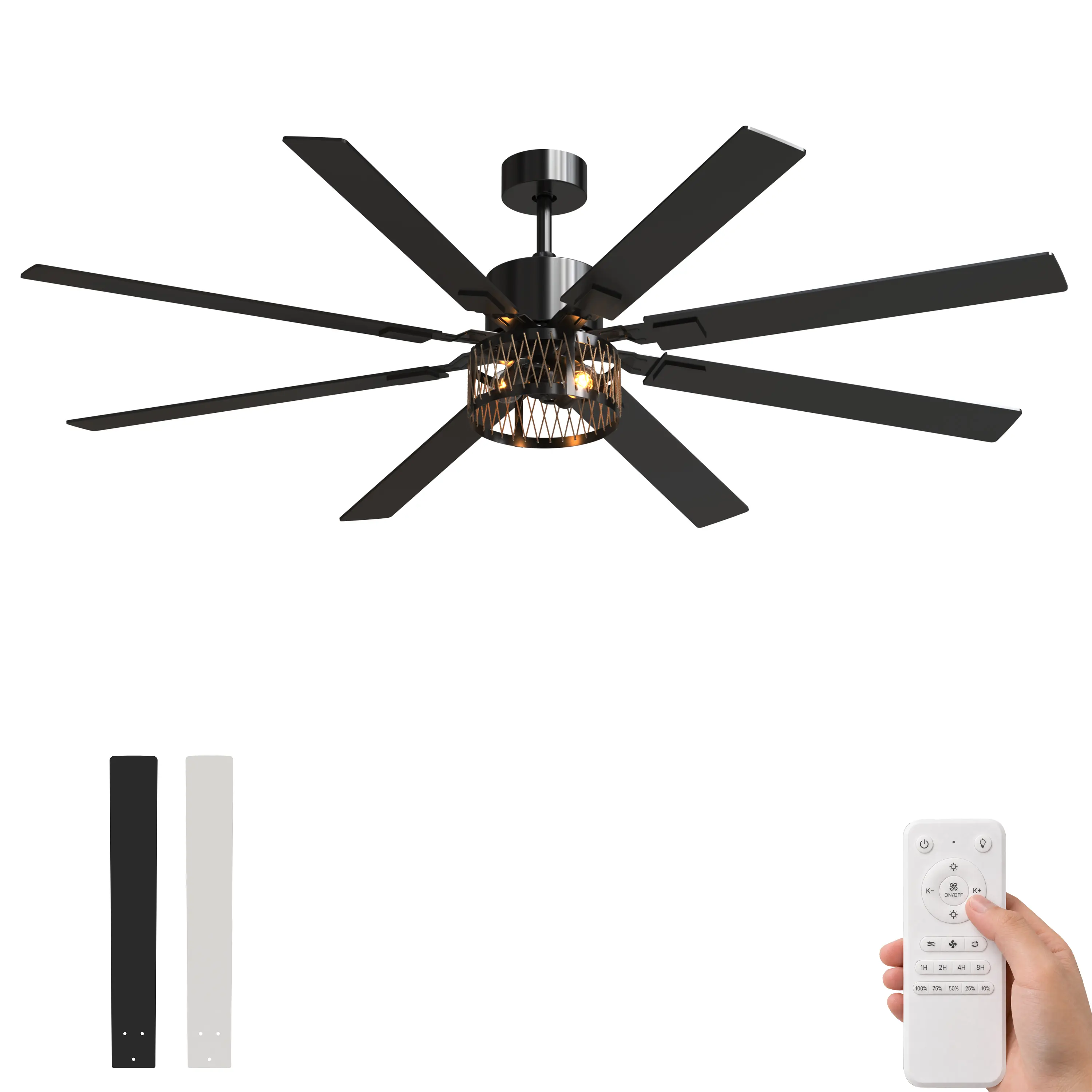 Hosslly 72-Inch Modern Caged Ceiling Fan with Lights - Black Composite Wood Fan with Remote Control, Round Blades, for Indoor/Outdoor Living Room, Bedroom