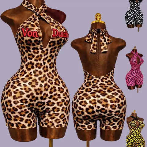 Cross Back Deep V-Neck Printed Romper, Bodycon Romper, Women's Fashion All-Over Print Short Pants, Fitted Style, Suitable for All Seasons