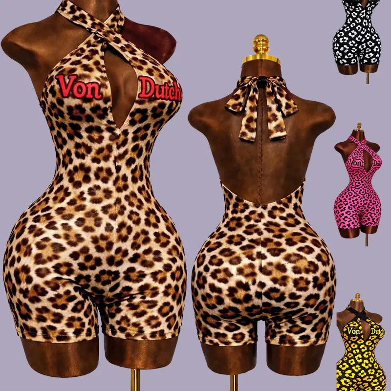 Cross Back Deep V-Neck Printed Romper, Bodycon Romper, Women's Fashion All-Over Print Short Pants, Fitted Style, Suitable for All Seasons