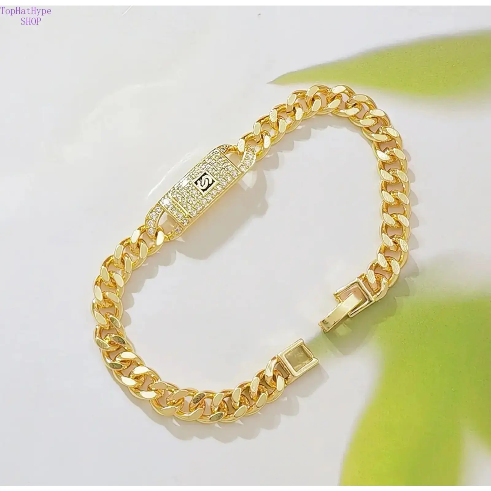18K Gold Plated Cuban Link Bracelet for Women, Pave Crystal Rhinestone Rectangle Tag Curb Chain Bracelet, Luxury Fashion Wrist Jewelry Gift