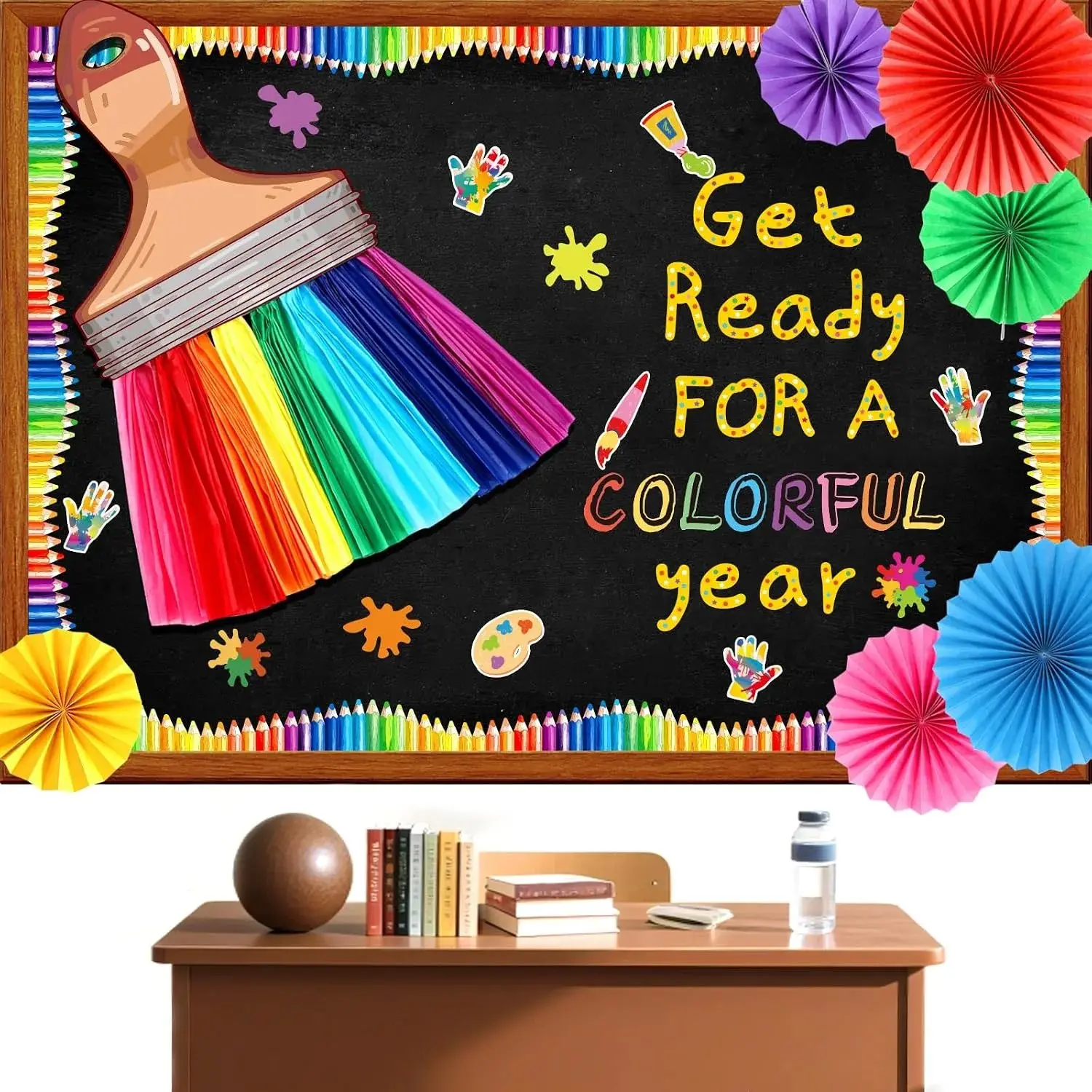 Welcome Back to School Bulletin Board Decorations, Art Classroom Door Decor Set Crayon Border 3D Rainbow Brush Fans First Day of School Painting Paper Cutouts for Bulletin Board Wall Party Supplies