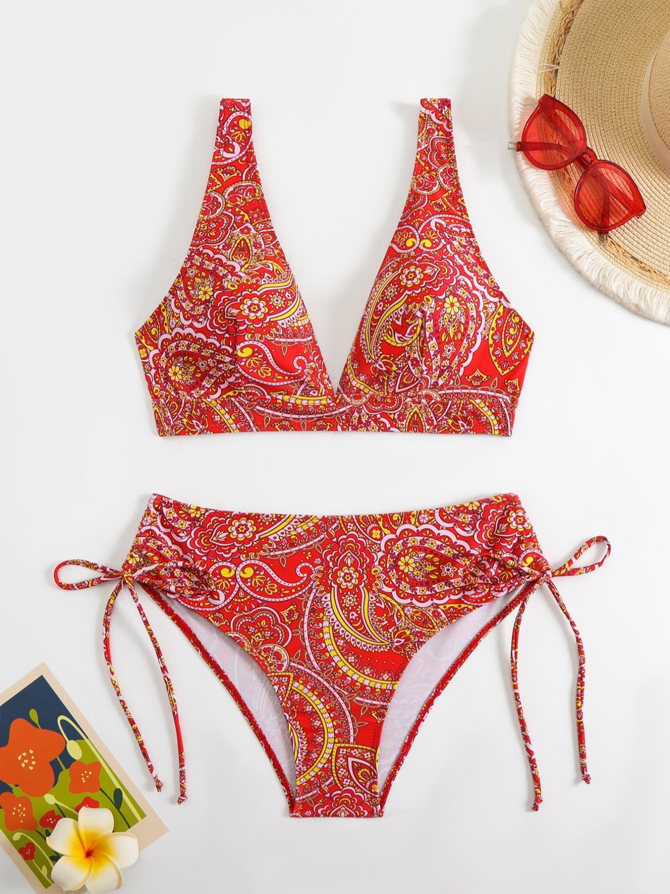 Two-Piece Set Women's Paisley Print Bikini Set, Casual Adjustable Strap V Neck Swim Top & Tie Side Swim Bottom, Ladies Swimsuit for Beach Holiday Vacation, Bikinis Sets, Ethnic Pattern Bikini