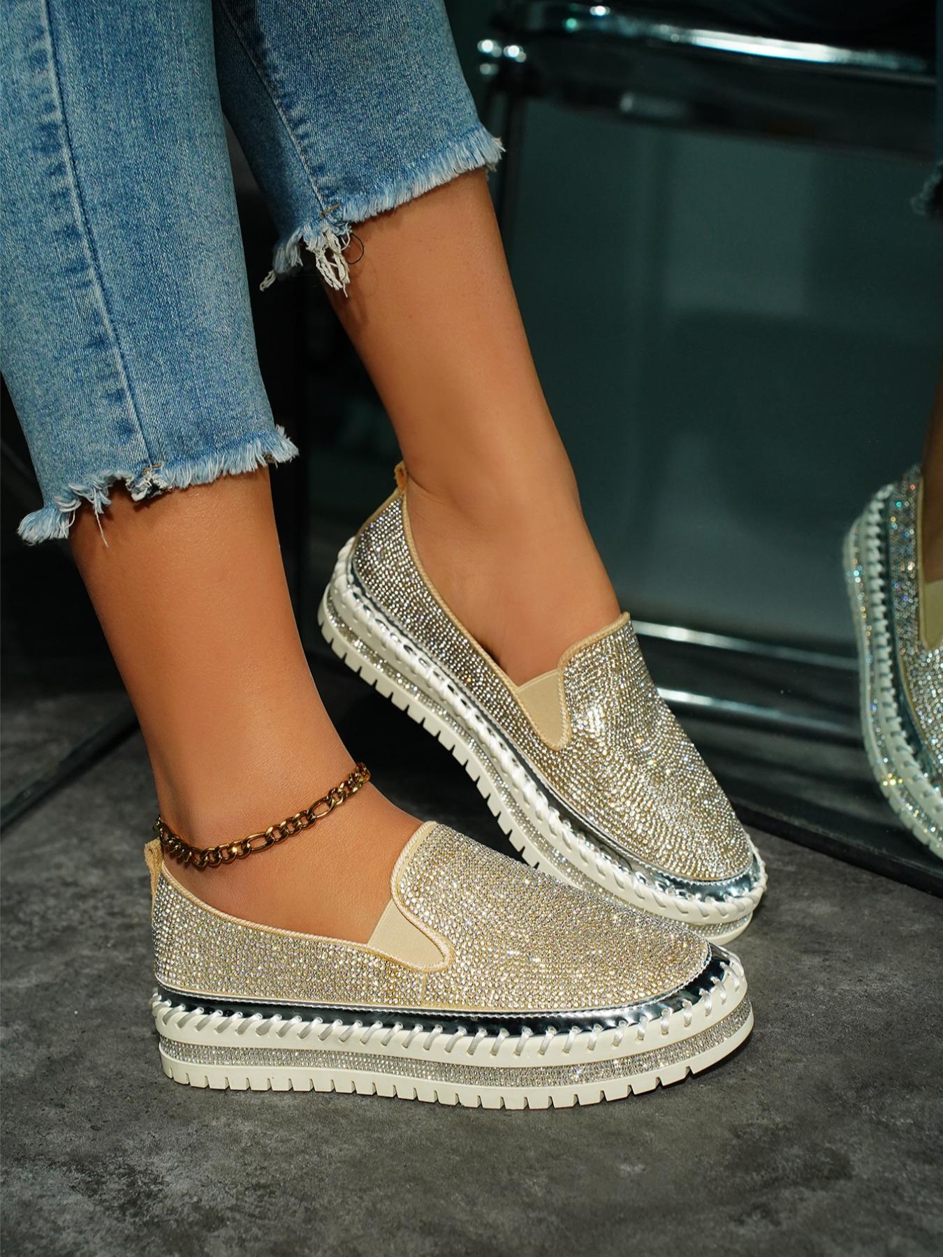 Women's Fashionable Rhinestone Decorated Slip on Flats,  Women Shoes, Lightweight Breathable Comfortable Flat Shoes, Casual Versatile Shoes for Daily Wear, Walking Shoes for Girl Footwear, Flat Shoes for Women