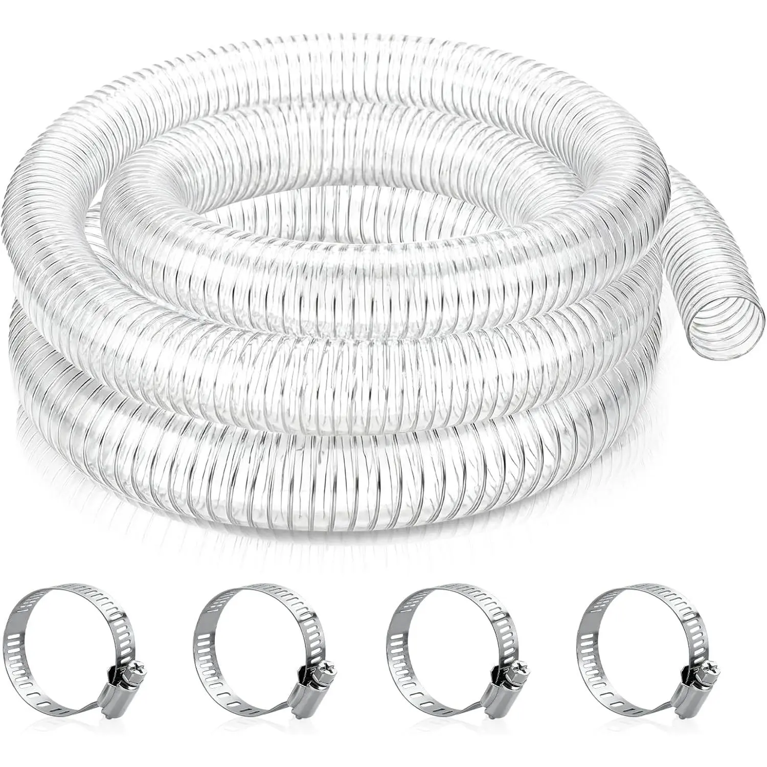 1-1/4" ID x 10ft Heavy Duty Clear PVC Wire Reinforced Suction Discharge Hose - High Pressure Kink Free Vinyl Tubing for Pool Pond Pump Marine Bilge Drain with 4 Hose Clamps