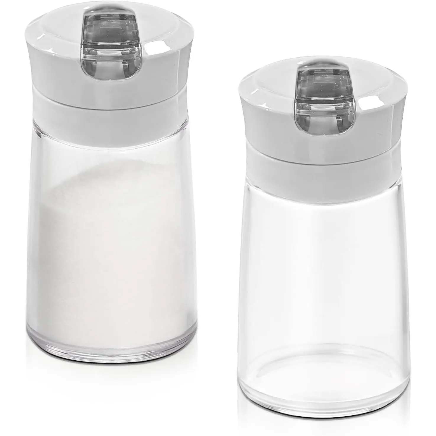 2Pcs Glass Sugar Dispenser with Auto Flip Pour Spout Weighted Pourer Sugar Container 8.5oz Sugar Bowl Shaker Jar Salt Dish Holder Coffee Bar Accessories Grey