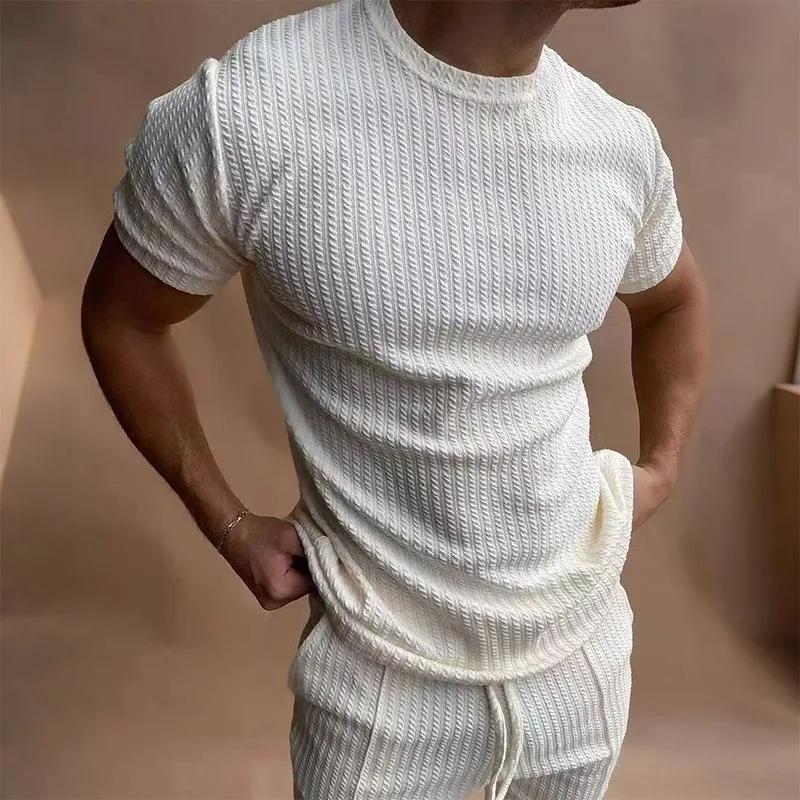 Kyn Apparel Men's Waffle Knit Two Piece Set Solid Color Short Sleeve T-shirt & Elastic Waist Shorts Casual Loungewear Tracksuit
