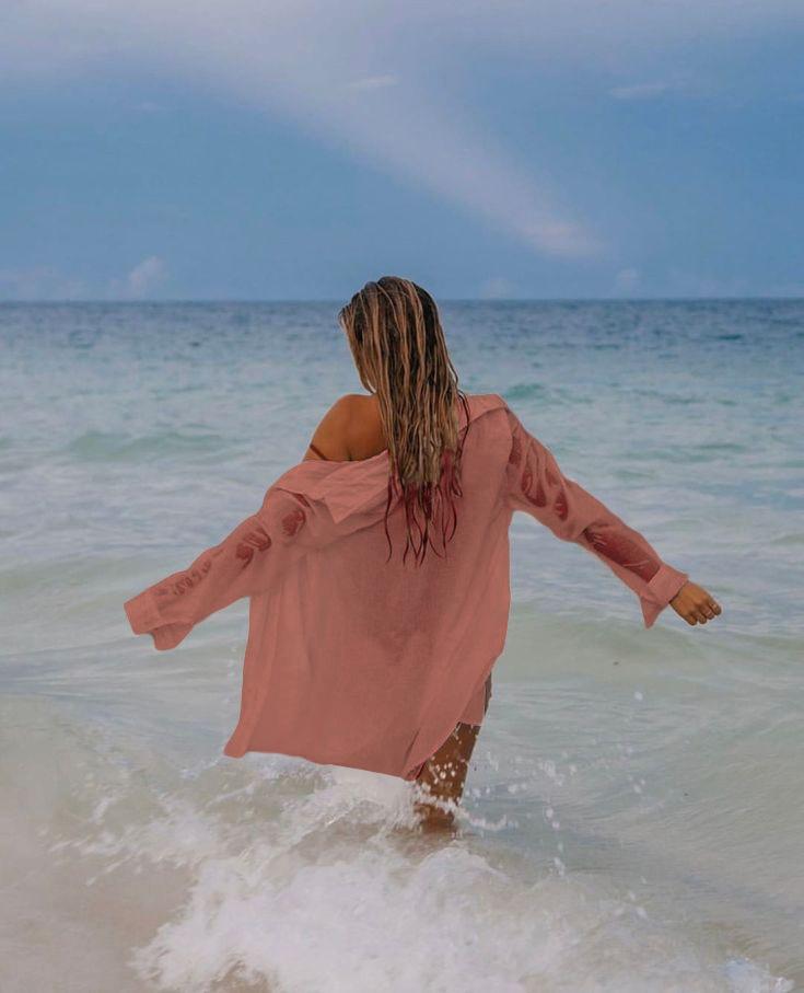 Women's Semi-Sheer Tie-Front Beach Cover Up Shirt - Button-Front Collar Blouse with Pocket for Summer Vacation,#ResortWear & Poolside Outfits, Lightweight, Stylish Bikini Sun Protection Shirt for Women, Available in Multiple Colors