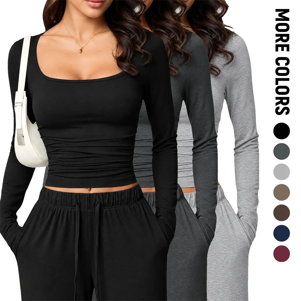 Women's Square Neck Long Sleeve Crop Top, Ruched Slim Fit Stretchy Fitted Shirt, Trendy Casual Basic Going Out Top, Y2k Fashion Streetwear, Fall Winter Everyday Wear
