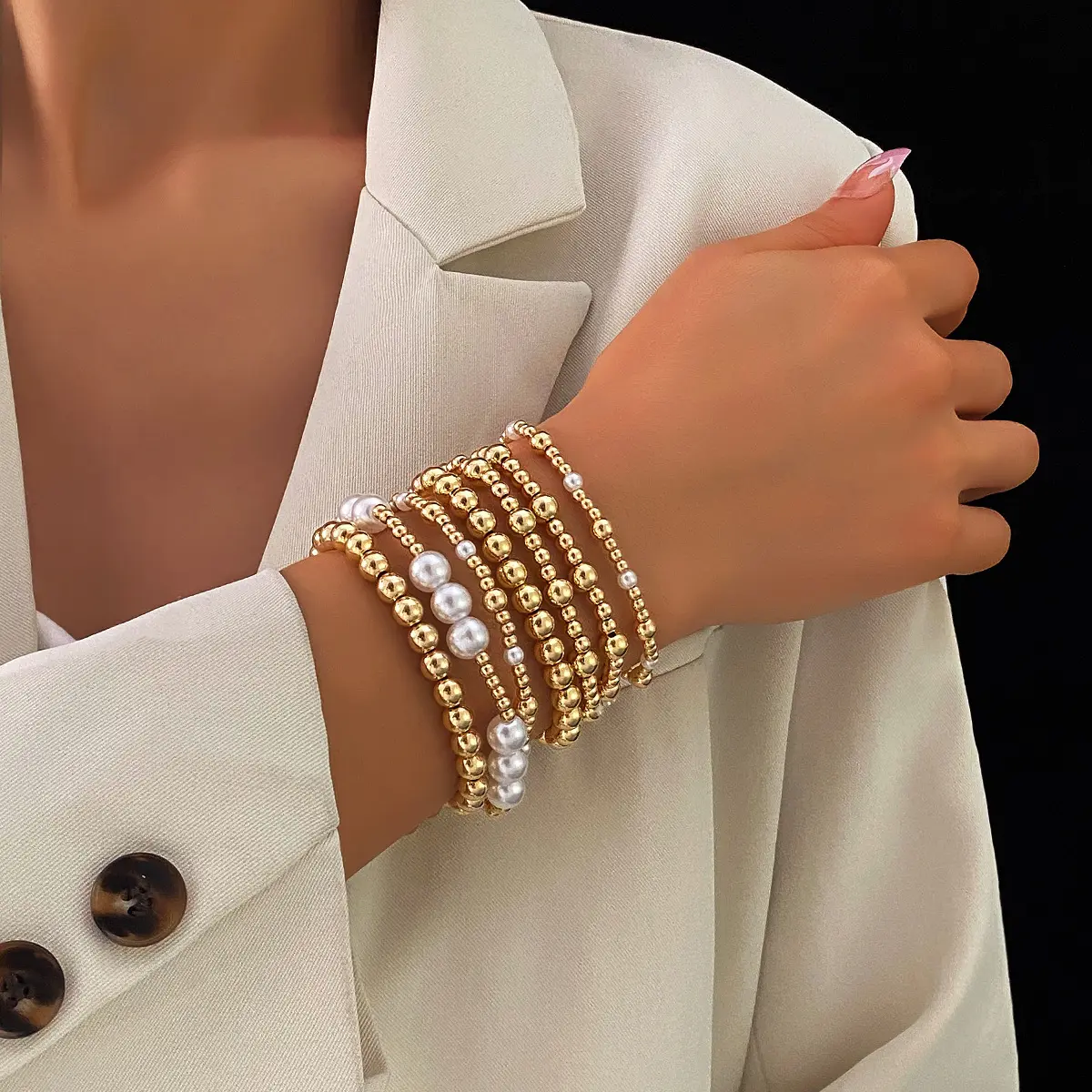 Women's 2026 Elegant Gold Beaded Pearl Bracelet Set - Elastic Layered Stackable Charm Bangles, Luxury Unisex Wear Sports Wristbands, Gift for Daily Office Use, Bracelets, Bangle, Adults