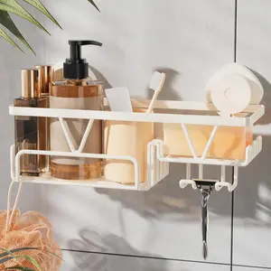 Shower Caddy Suction Cup with Soap Holder and Hooks, Removable Suction Bathroom Organizer Shelf, No Drilling Shower Organizer, Shampoo Holder for Bathroom Storage, Cream White