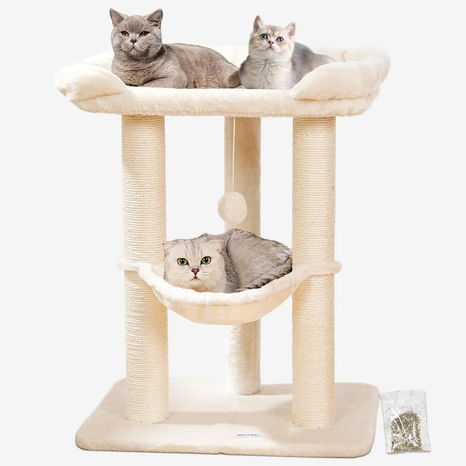 28"  Tree, Large Bed for Big Cats, Small  Tower with Soft Perch for Widow Viewig,   Tree Tower,  Scratchig  with Hammock, Removable Cover-Beige