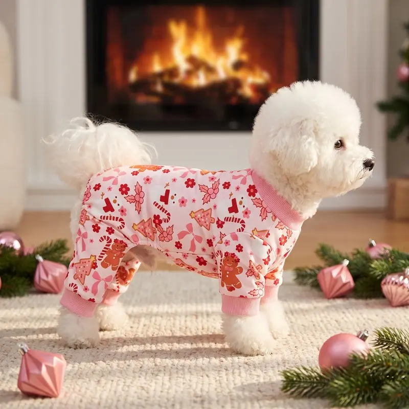Christmas Dog Pajamas Jumpsuit Pet Clothes, Cute Pink Gingerbread Man and Snowman Print Puppy Four-Leg Sleepwear with Bows Candy Canes Graphics Pink Ribbed Trim Cat Apparel Outfit, Warm Winter Xmas Holiday Costume For Small Medium Large Dogs