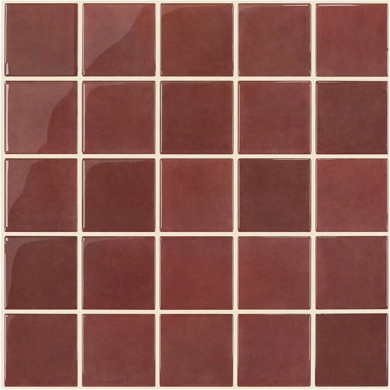 Thicker Dark Red Peel and Stick Backsplash Tiles-10 pcs of 12" x 12"-3D Adhesive Glossy Square Panels Stick on Backsplash Tiles for Kitchen,Bathroom, Vinyl, Waterproof, Interior Wall Tiles
