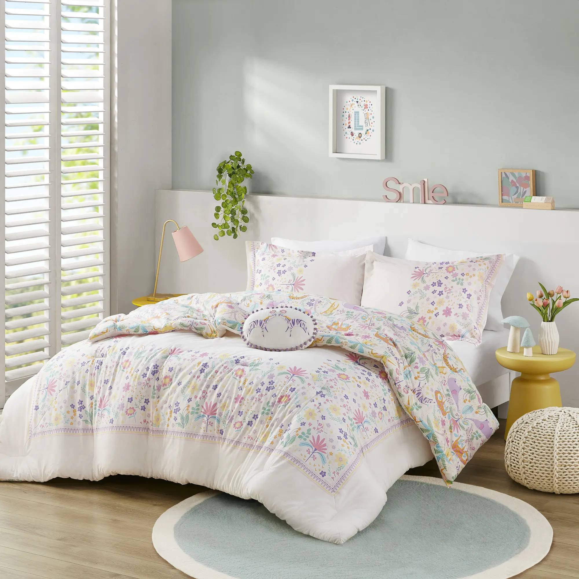 ARCH 4-Piece Full/Queen Floral Reversible Cotton Comforter Set with Throw Pillow, Purple, Soft Breathable Bedding for Master Bedroom, Guest Room, All-Season Down Alternative Quilt, Machine Washable, Home Furniture and Household Product Search Terms