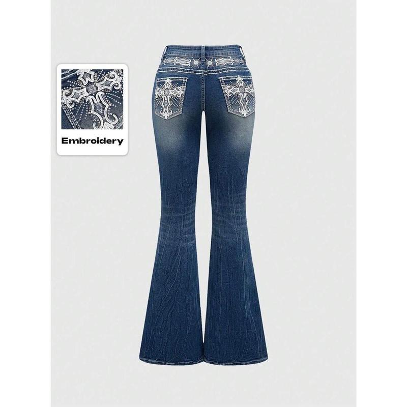 Women's Jeans - Grunge Punk Vintage, Cross Wings Embroidery, Drop Waist w/Buttons/Zipper, Slim Flared Curvy Fit - Spring/Fall Casual Daily Wear for Ladies(gift)